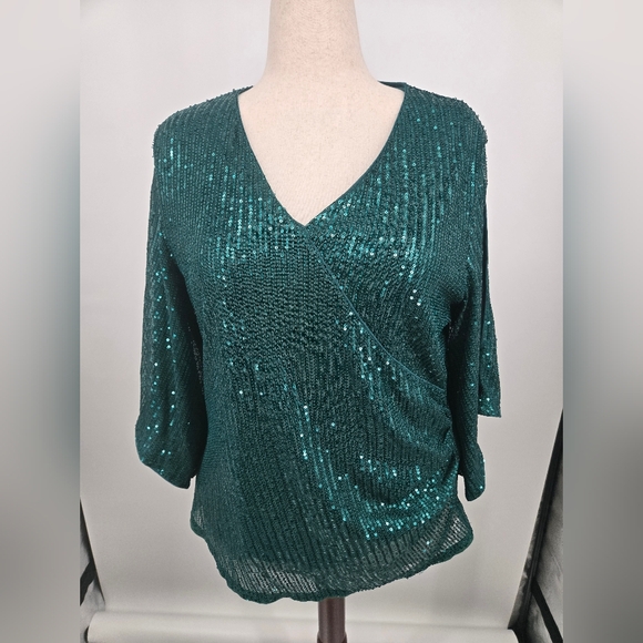 Grace Karin Tops - Grace Karin Emerald Green Sequin V-Neck Blouse 2XL